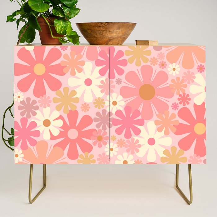 Pink Retro Flowers 60s 70s Floral Pattern in Blush Credenza Gallery Image 1