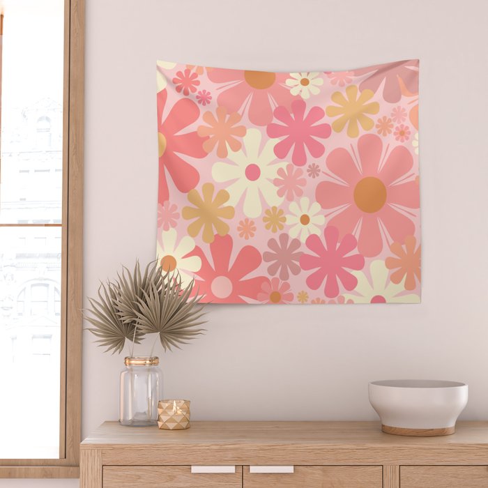 Pink Retro Flowers 60s 70s Floral Pattern in Blush Wall Tapestry Gallery Image 2