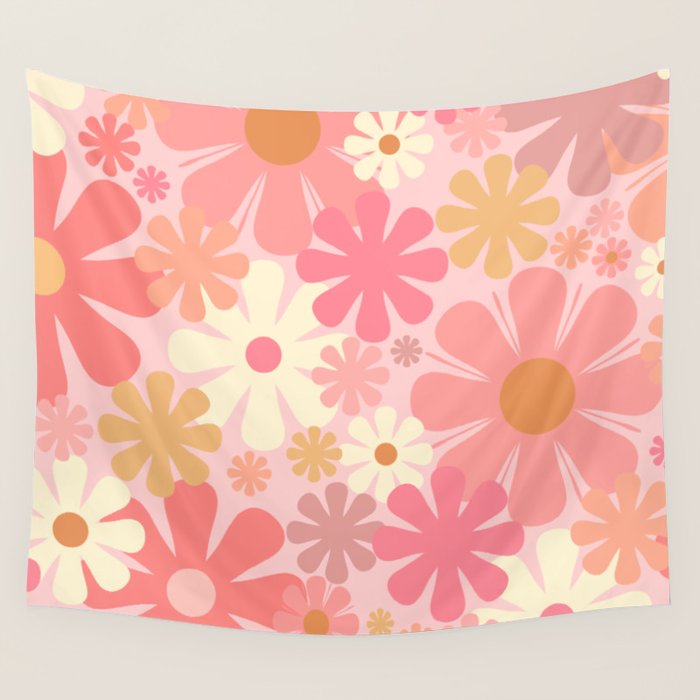 Pink Retro Flowers 60s 70s Floral Pattern in Blush Wall Tapestry Gallery Image 4