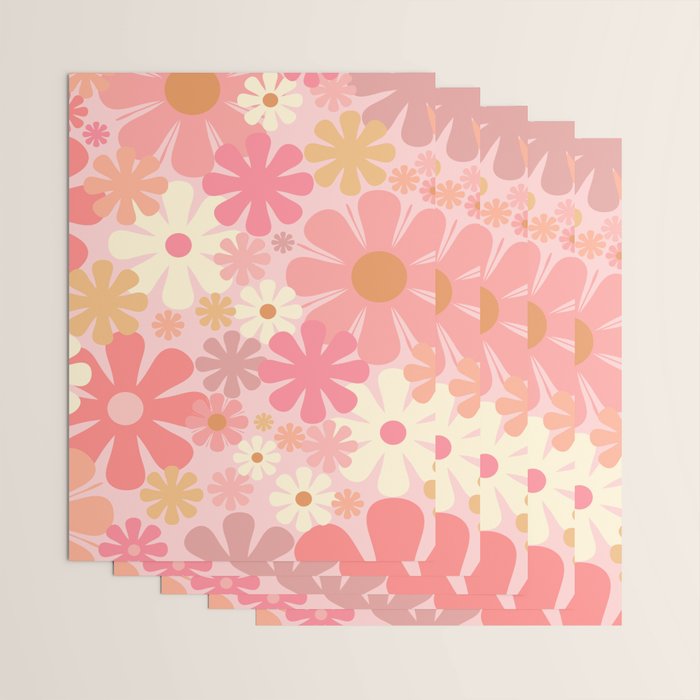 Pink Retro Flowers 60s 70s Floral Pattern in Blush Wrapping Paper Gallery Image 3
