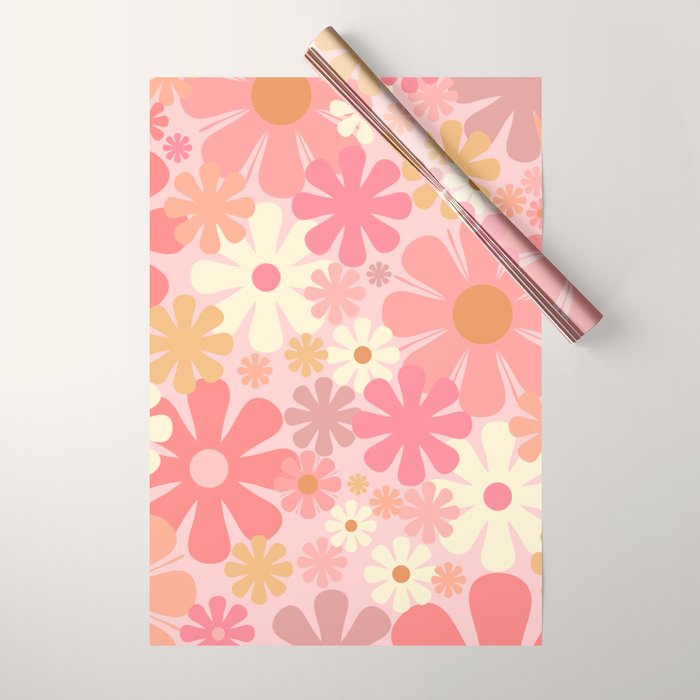 Pink Retro Flowers 60s 70s Floral Pattern in Blush Wrapping Paper Gallery Image 1
