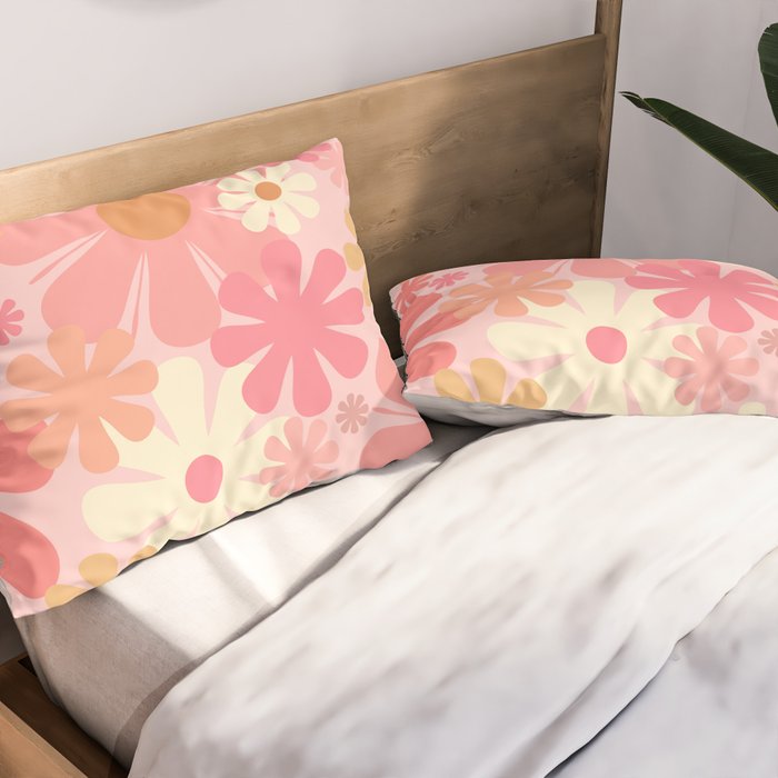 Pink Retro Flowers 60s 70s Floral Pattern in Blush Pillow Sham Gallery Image 2