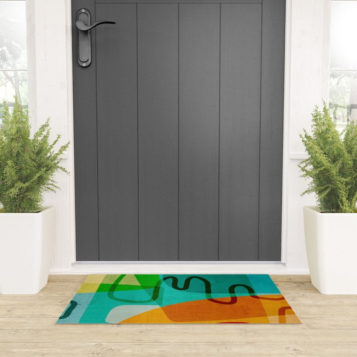 Abstract Modern Turquoise Orange Welcome Mat Gallery Image 3