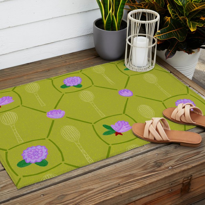 Tennis Rackets & Roses in Lime & Lavender Outdoor Rug Gallery Image 2