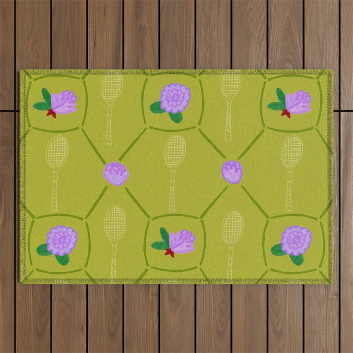 Tennis Rackets & Roses in Lime & Lavender Outdoor Rug Gallery Image 1