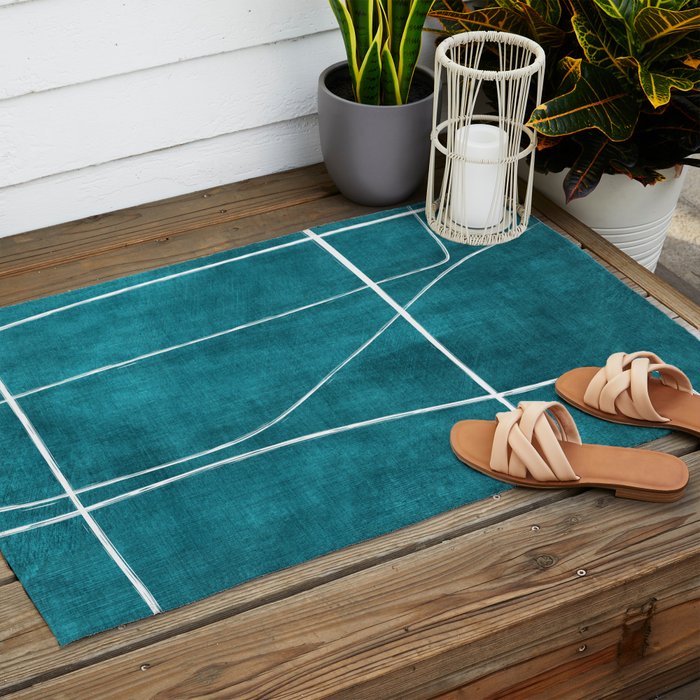 Minimalist Teal White Abstract Artwork Outdoor Rug Gallery Image 2