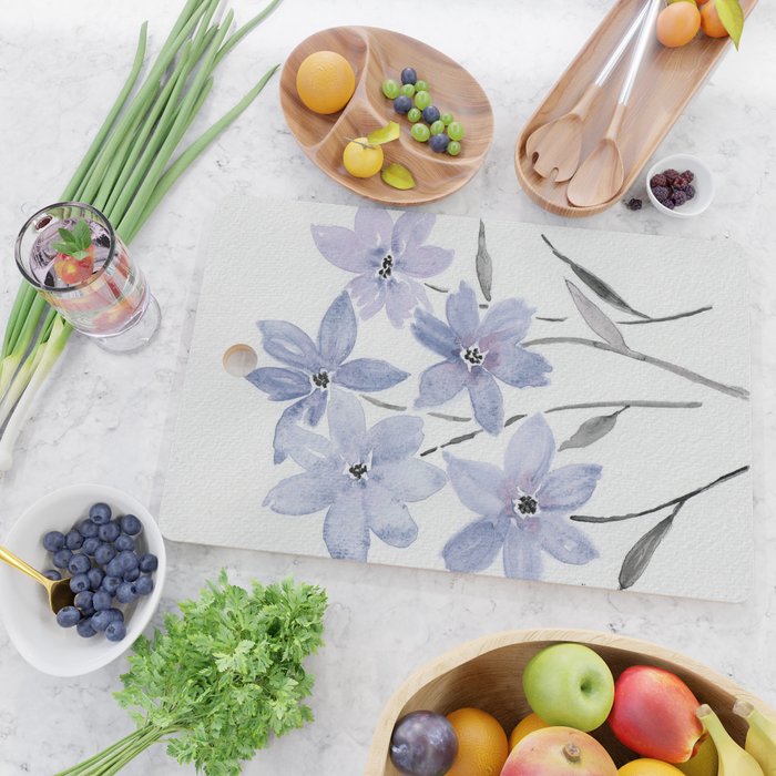 Watercolor Purple Flowers with Black Stems - Floral Custom Art Design Cutting Board Gallery Image 2
