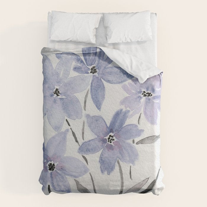 Watercolor Purple Flowers with Black Stems - Floral Custom Art Design Duvet Cover