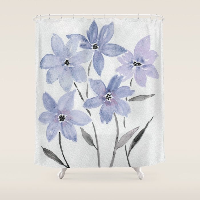 Watercolor Purple Flowers with Black Stems - Floral Custom Art Design Shower Curtain Gallery Image 1