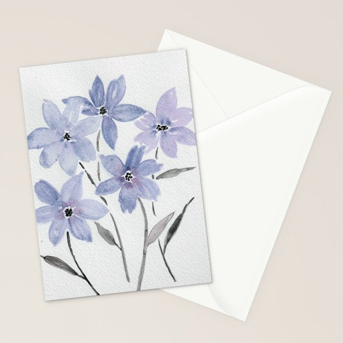 Watercolor Purple Flowers with Black Stems - Floral Custom Art Design Stationery Card Gallery Image 2