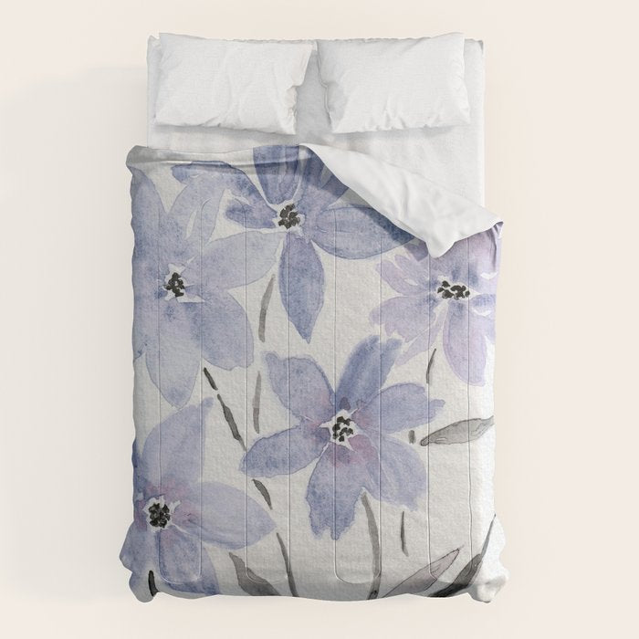 Watercolor Purple Flowers with Black Stems - Floral Custom Art Design Comforter Gallery Image 6