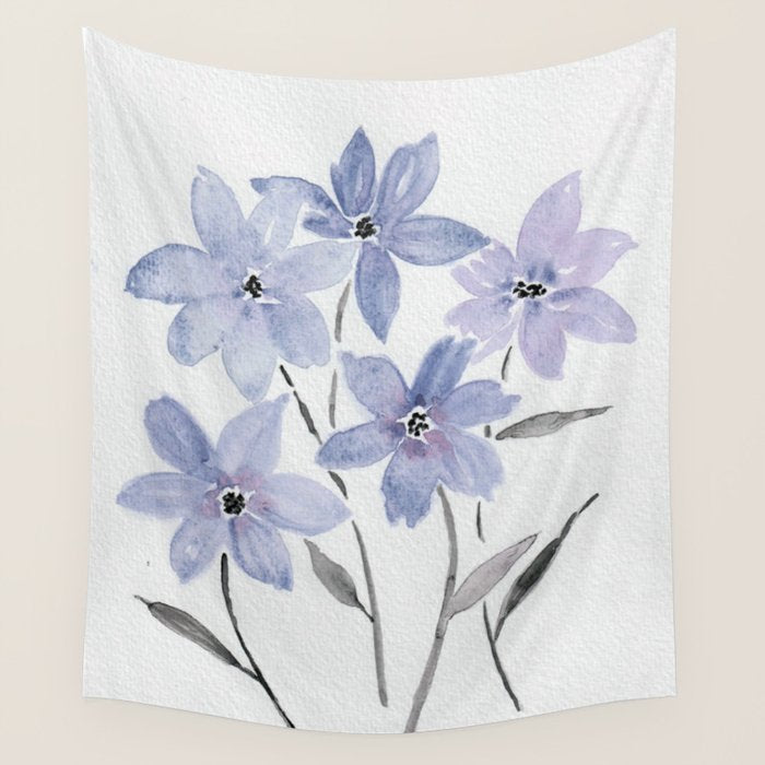 Watercolor Purple Flowers with Black Stems - Floral Custom Art Design Wall Tapestry Gallery Image 1