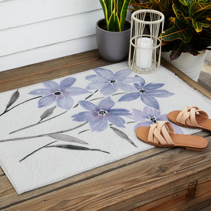 Watercolor Purple Flowers with Black Stems - Floral Custom Art Design Outdoor Rug Gallery Image 2