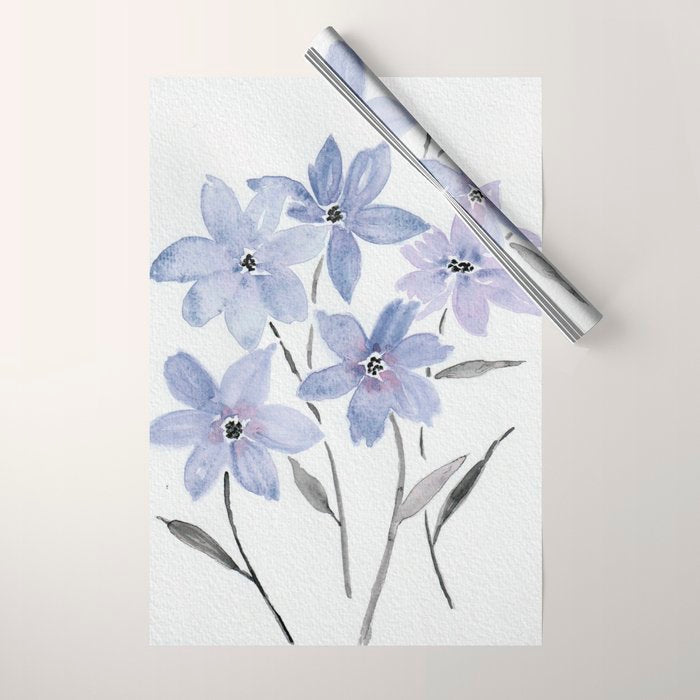 Watercolor Purple Flowers with Black Stems - Floral Custom Art Design Wrapping Paper Gallery Image 1