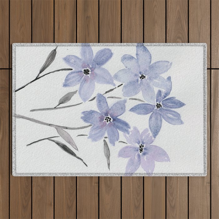 Watercolor Purple Flowers with Black Stems - Floral Custom Art Design Outdoor Rug Gallery Image 1