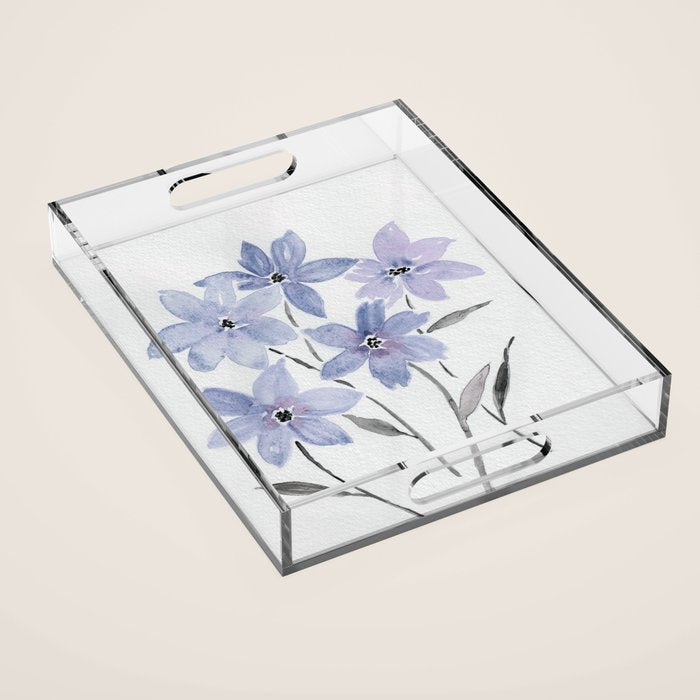 Watercolor Purple Flowers with Black Stems - Floral Custom Art Design Acrylic Tray Gallery Image 1