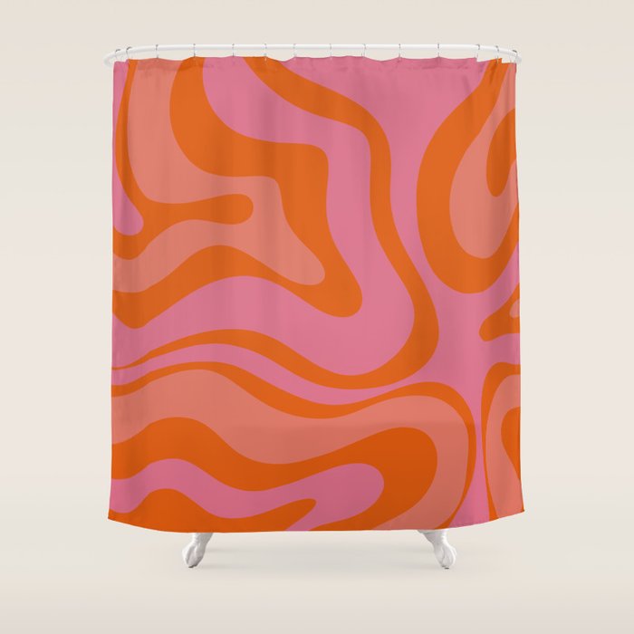 Modern Retro Liquid Swirl Abstract Pattern Square Thulian Pink Pumpkin Orange Shower Curtain Gallery Image 1