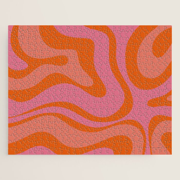 Modern Retro Liquid Swirl Abstract Pattern Square Thulian Pink Pumpkin Orange Jigsaw Puzzle Gallery Image 1
