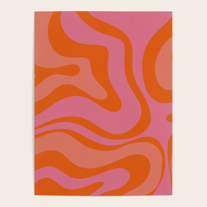 Modern Retro Liquid Swirl Abstract Pattern Square Thulian Pink Pumpkin Orange Poster Gallery Image 1