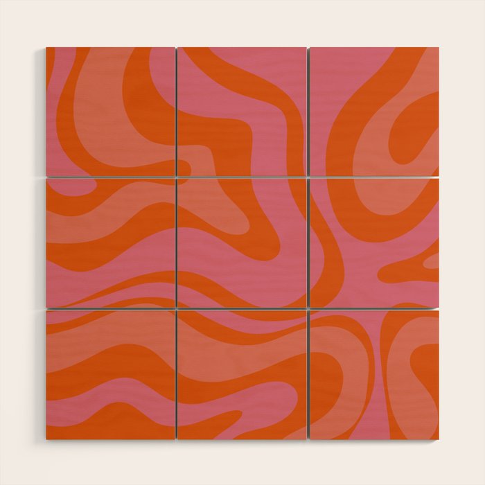 Modern Retro Liquid Swirl Abstract Pattern Square Thulian Pink Pumpkin Orange Wood Wall Art Gallery Image 1