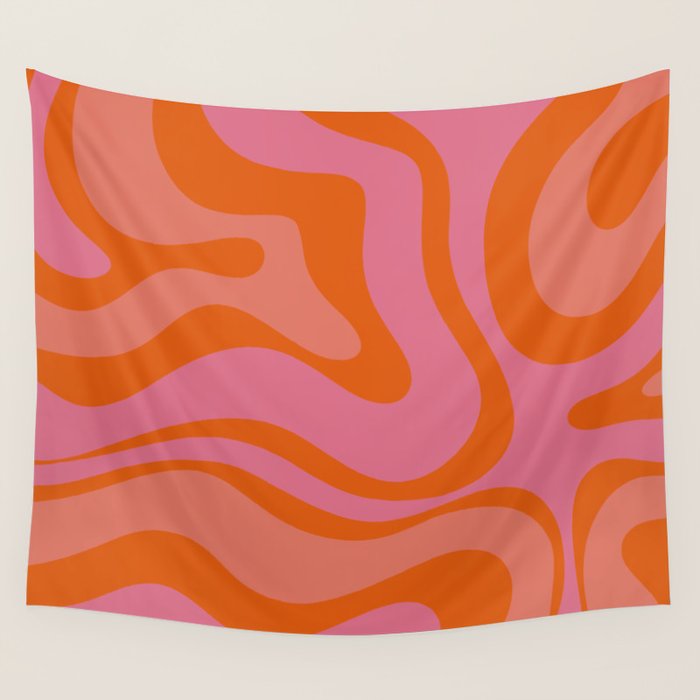 Modern Retro Liquid Swirl Abstract Pattern Square Thulian Pink Pumpkin Orange Wall Tapestry Gallery Image 1
