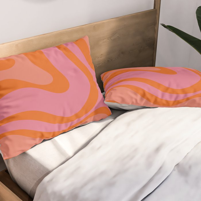 Modern Retro Liquid Swirl Abstract Pattern Square Thulian Pink Pumpkin Orange Pillow Sham Gallery Image 2