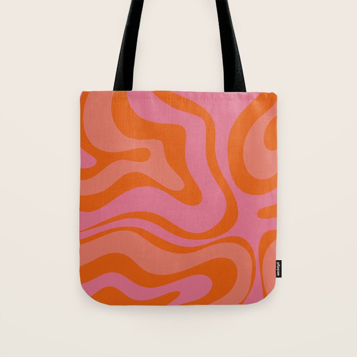 Modern Retro Liquid Swirl Abstract Pattern Square Thulian Pink Pumpkin Orange Tote Bag Gallery Image 1