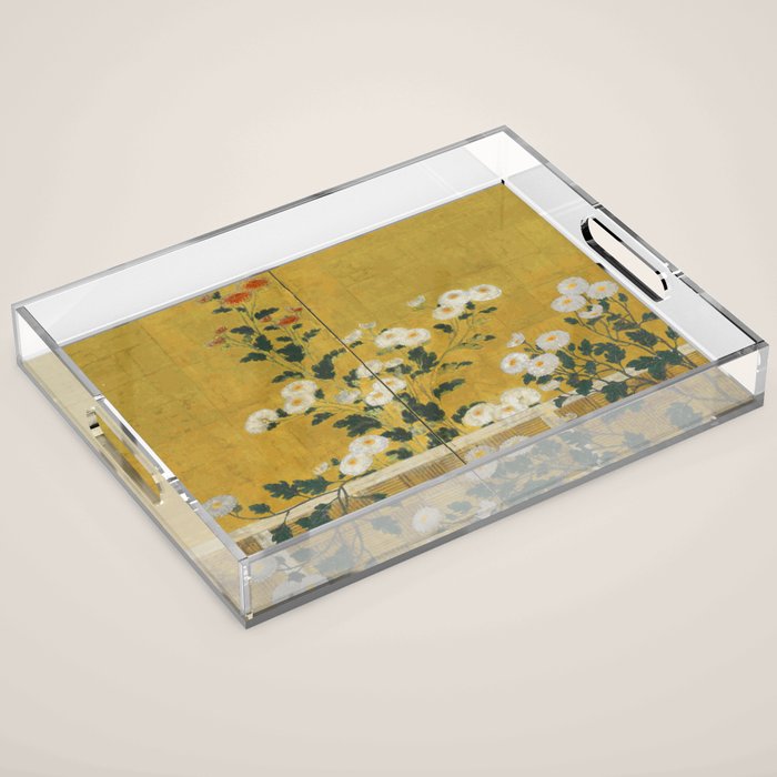 Red and White Chrysanthemums Vintage Japanese Gold Leaf Screen Acrylic Tray Gallery Image 1