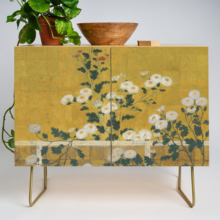 Red And White Chrysanthemums Vintage Japanese Gold Leaf Screen Credenza