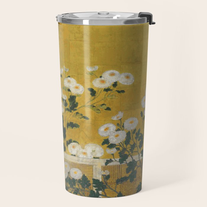 Red and White Chrysanthemums Vintage Japanese Gold Leaf Screen Travel Mug Gallery Image 2