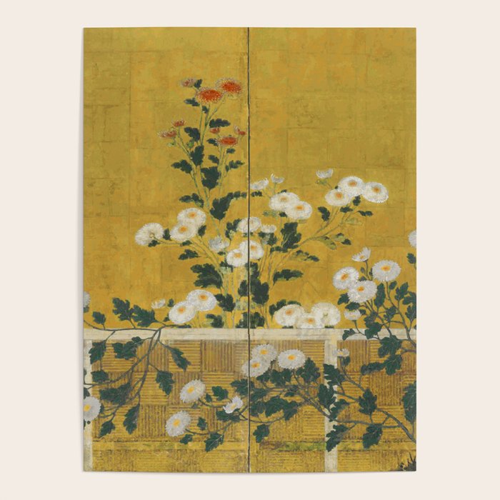 Red and White Chrysanthemums Vintage Japanese Gold Leaf Screen Poster Gallery Image 1