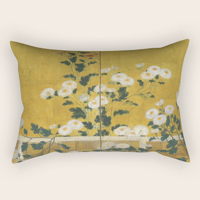 Red and White Chrysanthemums Vintage Japanese Gold Leaf Screen Rectangular Pillow Gallery Image 1