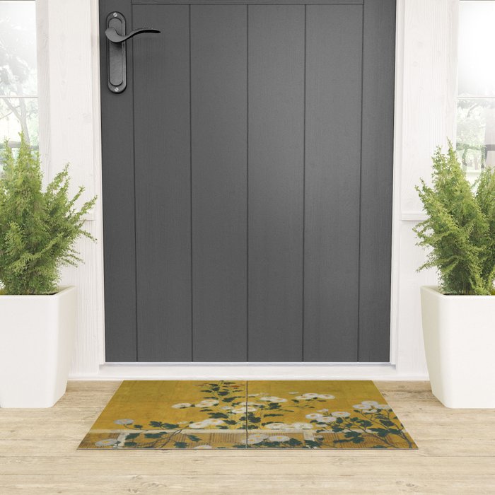 Red and White Chrysanthemums Vintage Japanese Gold Leaf Screen Welcome Mat Gallery Image 3