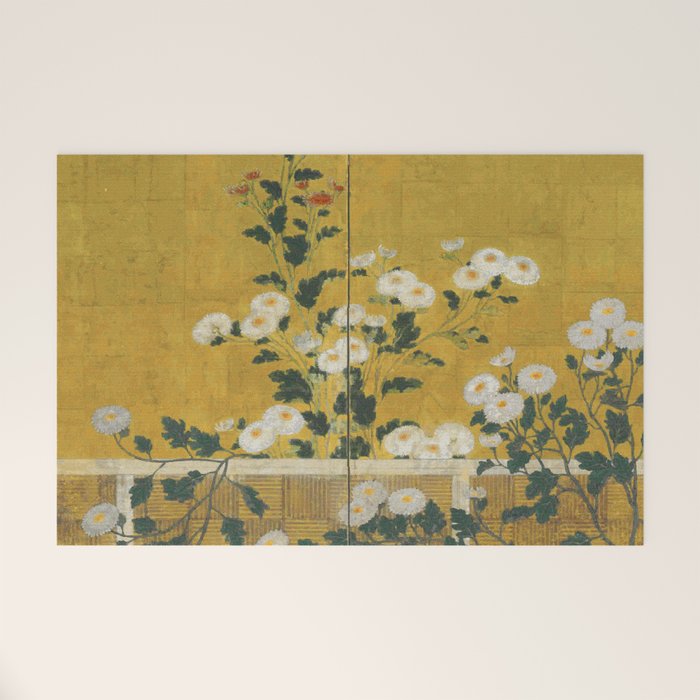 Red and White Chrysanthemums Vintage Japanese Gold Leaf Screen Welcome Mat Gallery Image 1