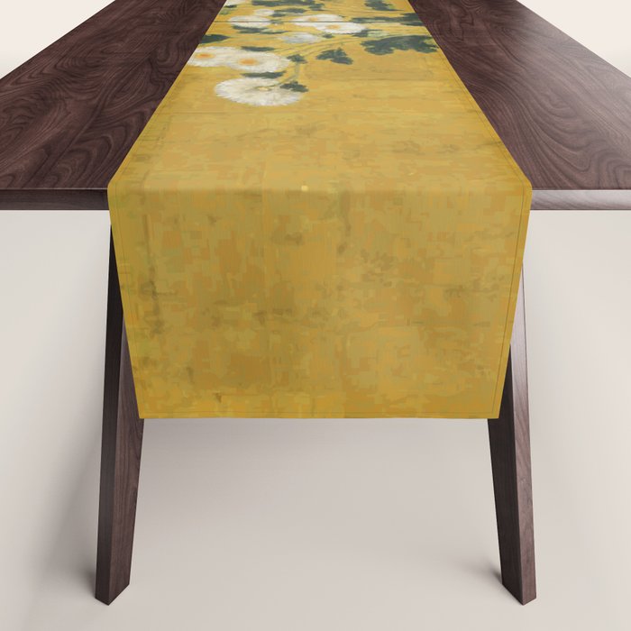 Red and White Chrysanthemums Vintage Japanese Gold Leaf Screen Table Runner Gallery Image 1