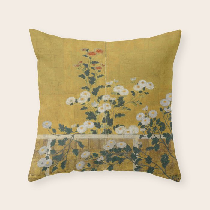 Red and White Chrysanthemums Vintage Japanese Gold Leaf Screen Throw Pillow Gallery Image 6