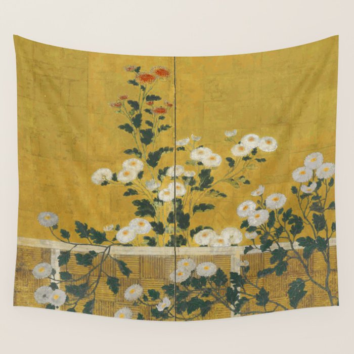 Red And White Chrysanthemums Vintage Japanese Gold Leaf Screen Wall Tapestry