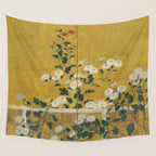 Red and White Chrysanthemums Vintage Japanese Gold Leaf Screen Wall Tapestry Gallery Image 4