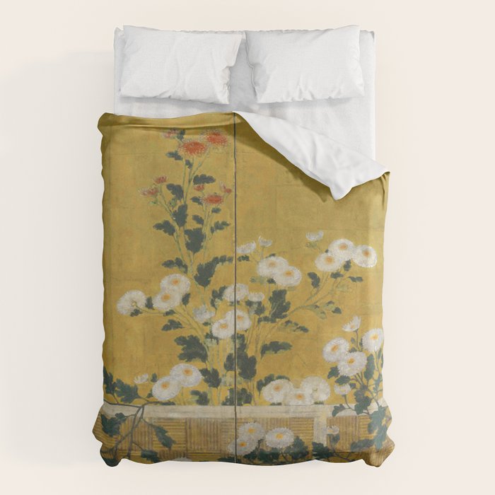 Red and White Chrysanthemums Vintage Japanese Gold Leaf Screen Duvet Cover Gallery Image 6