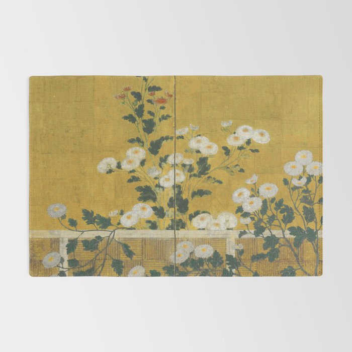 Red and White Chrysanthemums Vintage Japanese Gold Leaf Screen Rug Gallery Image 2