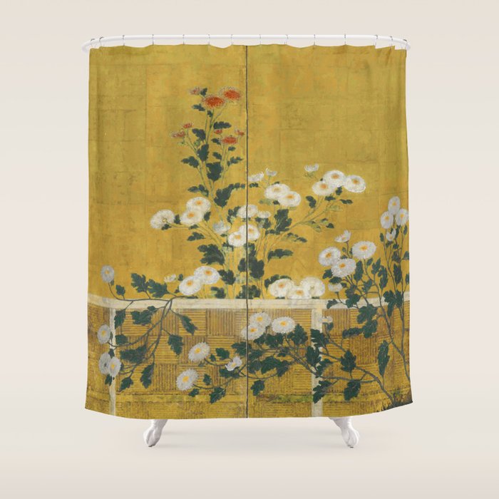 Red and White Chrysanthemums Vintage Japanese Gold Leaf Screen Shower Curtain Gallery Image 1