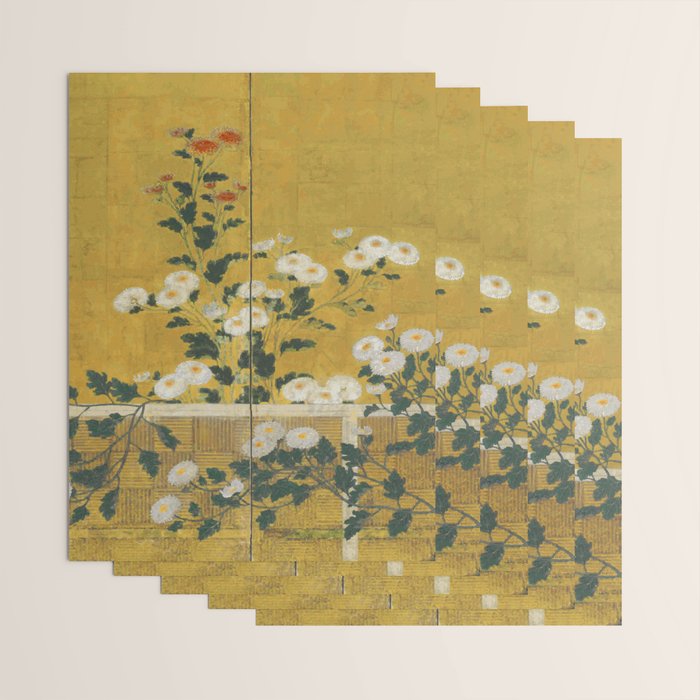 Red and White Chrysanthemums Vintage Japanese Gold Leaf Screen Wrapping Paper Gallery Image 3
