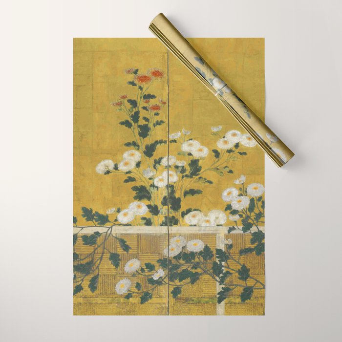 Red and White Chrysanthemums Vintage Japanese Gold Leaf Screen Wrapping Paper Gallery Image 1