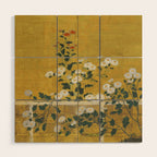 Red and White Chrysanthemums Vintage Japanese Gold Leaf Screen Wood Wall Art Gallery Image 1