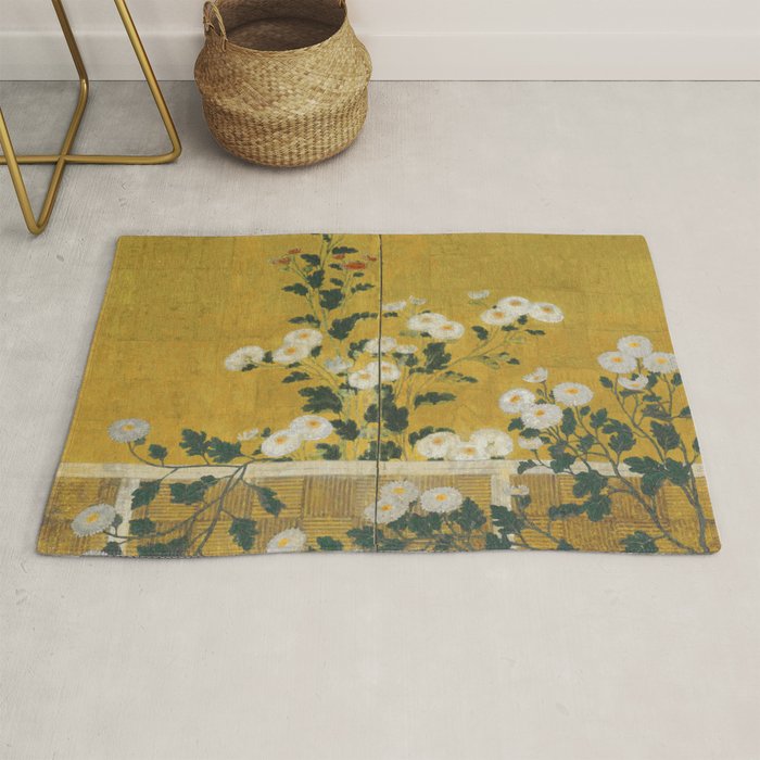 Red and White Chrysanthemums Vintage Japanese Gold Leaf Screen Rug Gallery Image 1