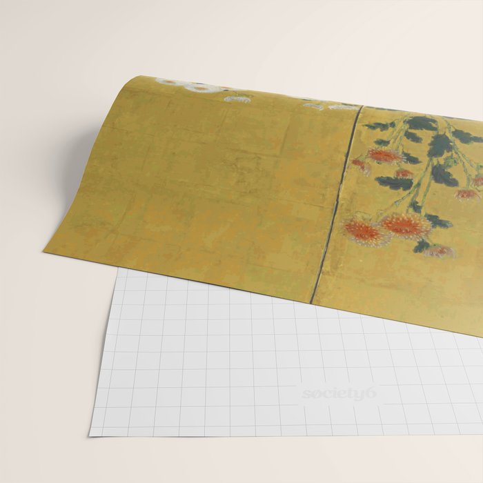Red and White Chrysanthemums Vintage Japanese Gold Leaf Screen Wrapping Paper Gallery Image 2