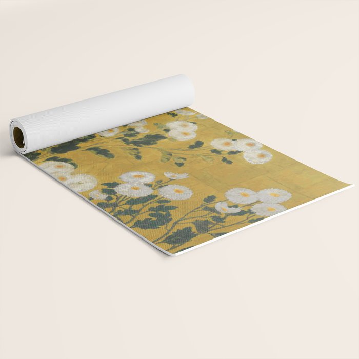 Red and White Chrysanthemums Vintage Japanese Gold Leaf Screen Yoga Mat Gallery Image 2