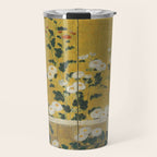 Red and White Chrysanthemums Vintage Japanese Gold Leaf Screen Travel Mug Gallery Image 1