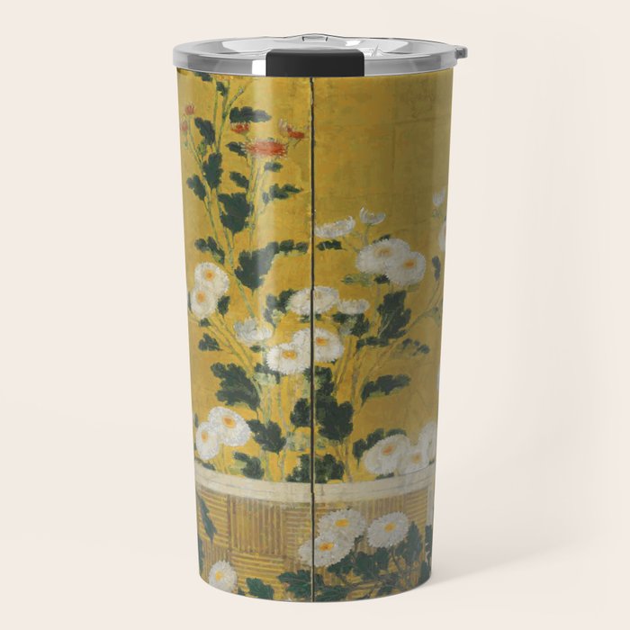 Red and White Chrysanthemums Vintage Japanese Gold Leaf Screen Travel Mug Gallery Image 1