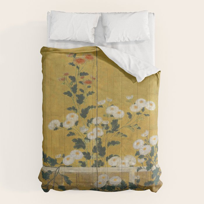 Red and White Chrysanthemums Vintage Japanese Gold Leaf Screen Comforter Gallery Image 6